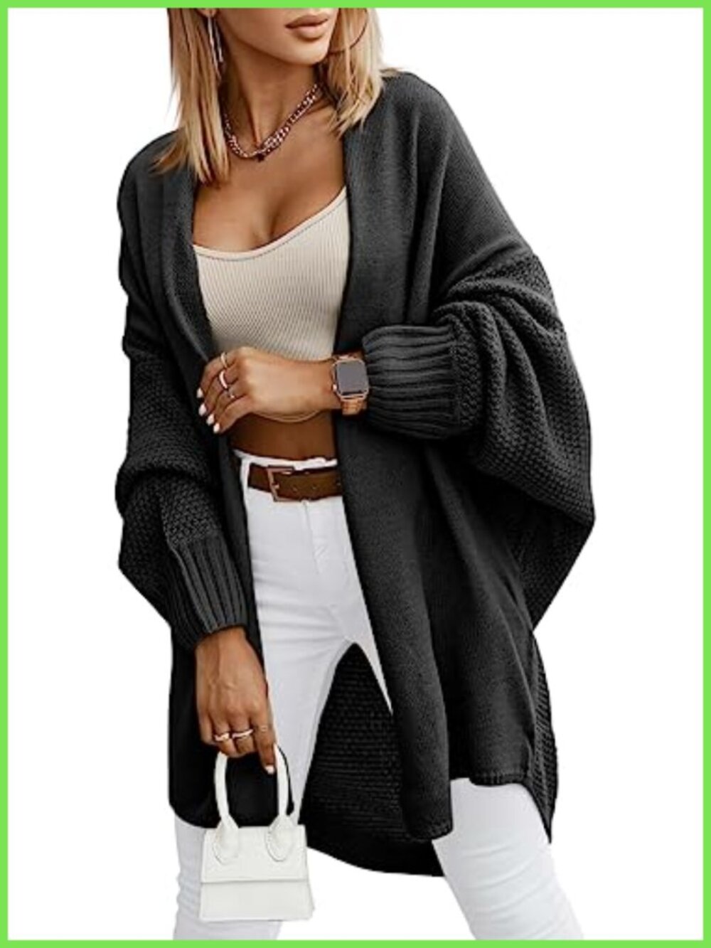 Women's Oversized Open Front Cardigan Lantern Sleeve Ribbed Knit Loose Fit